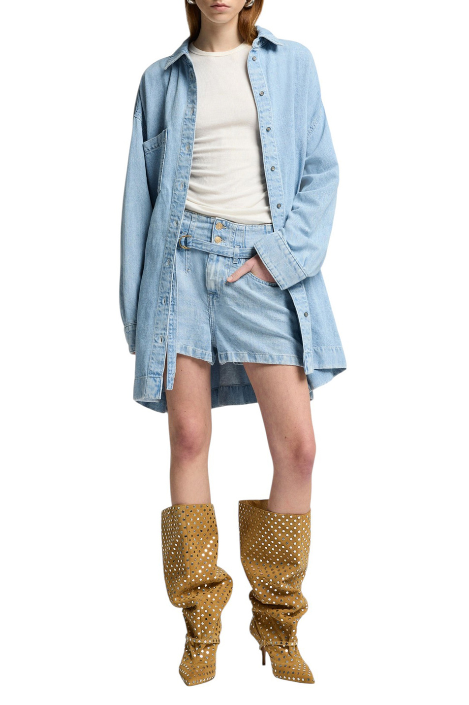Женский 7 for all Mankind Шорты джинсовые KANSAS из хлопка и льная с поясом (цвет ), артикул 7U034U03 | Фото 2