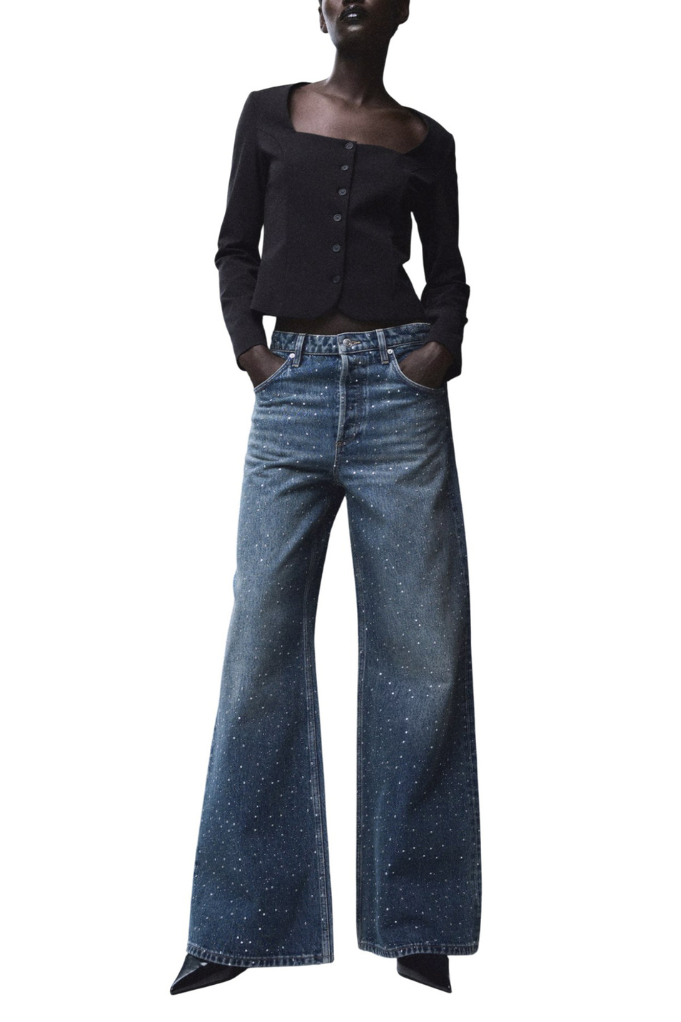 Женский Mango Джинсы CARIBE широкого кроя со стразами (цвет ), артикул 17017822 | Фото 2