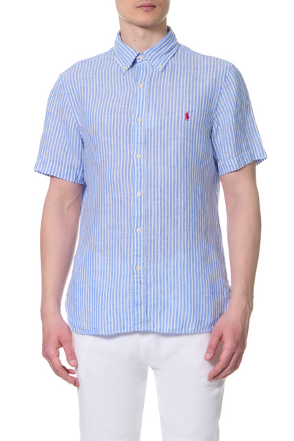Льняная рубашка с коротким рукавом|Основной цвет:Голубой|Артикул:710867680001 | Фото 1