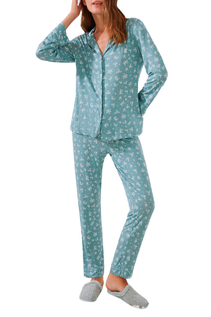 Длинная пижама с цветочным принтом|Основной цвет:Зеленый|Артикул:3594641 | Фото 1