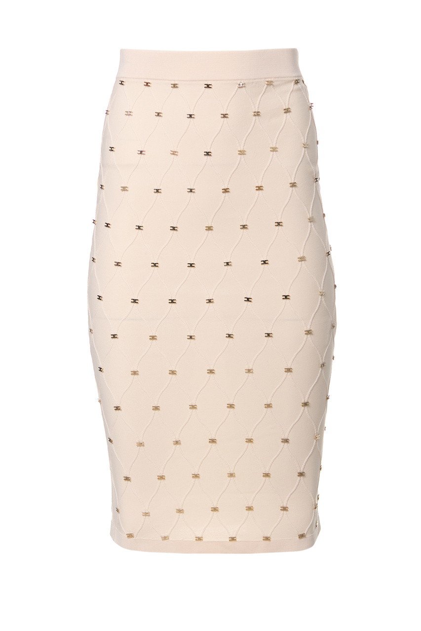 Трикотажная юбка-карандаш с ромбовидным узором|Основной цвет:Кремовый|Артикул:GK46B21E2 | Фото 1