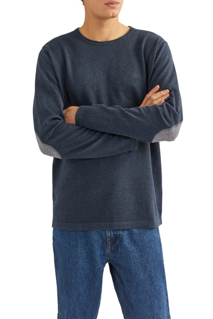 Базовый свитер из хлопка с нашивками на локтях|Основной цвет:Синий|Артикул:1409387 | Фото 1