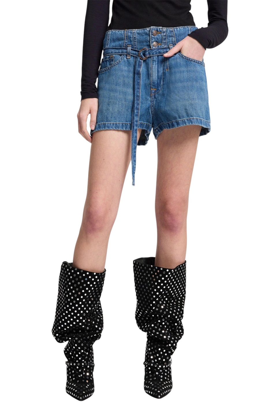 Женский 7 for all Mankind Шорты джинсовые KANSAS из хлопка и льная с поясом (цвет ), артикул 7U034U03 | Фото 3