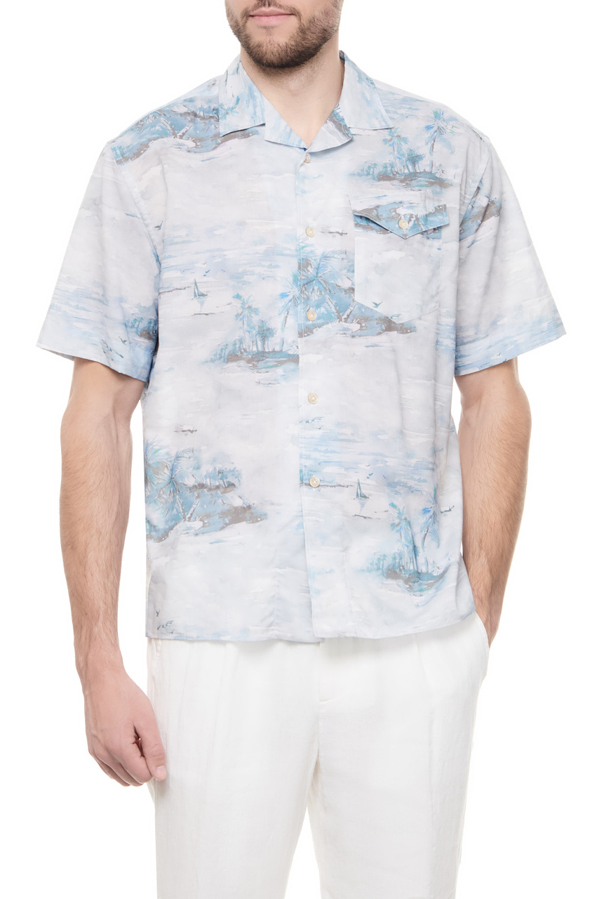Рубашка из лиоцелла и хлопка с принтом|Основной цвет:Голубой|Артикул:I75CAMI07-TES0I246 | Фото 1