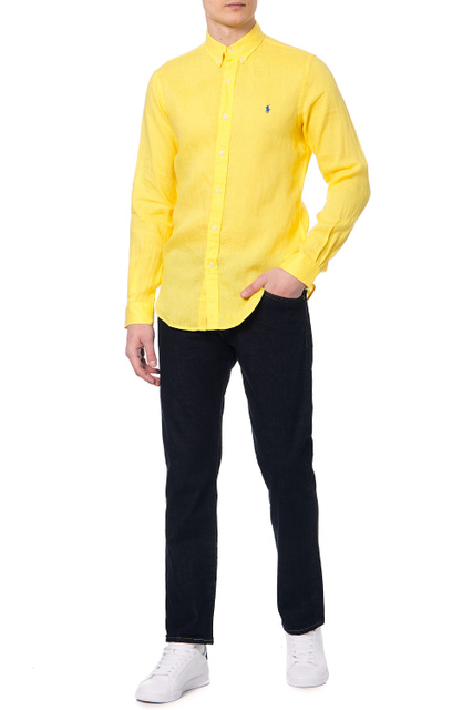 Льняная рубашка с фирменной вышивкой на груди|Основной цвет:Желтый|Артикул:710829443007 | Фото 2
