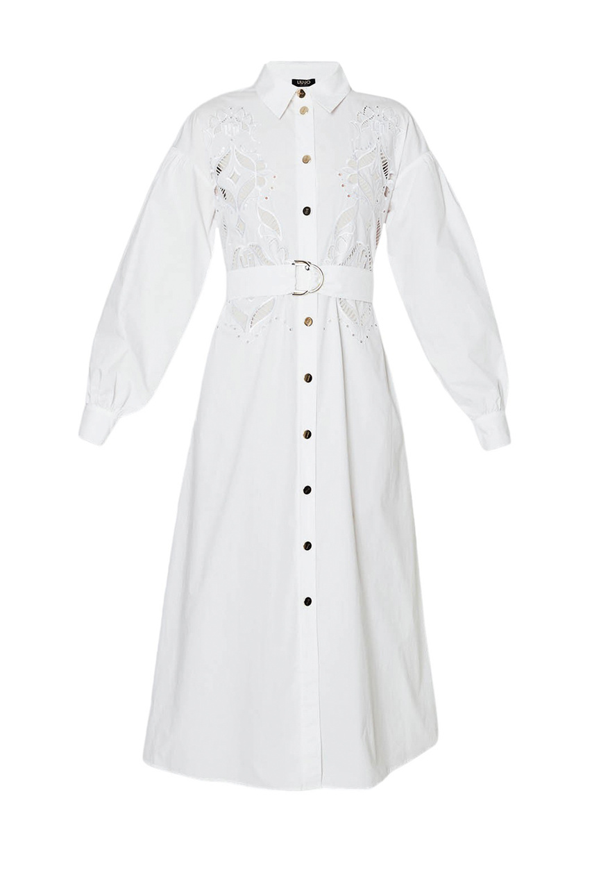 Платье-рубашка из натурального хлопка с поясом|Основной цвет:Белый|Артикул:CA4145T3812 | Фото 1