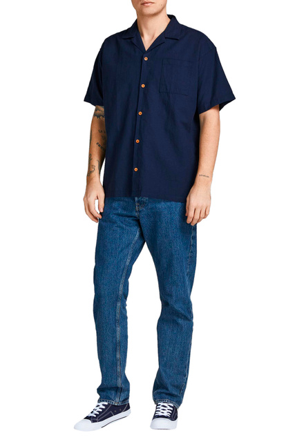 Рубашка из хлопка и льна с коротким рукавом|Основной цвет:Синий|Артикул:12196823 | Фото 2
