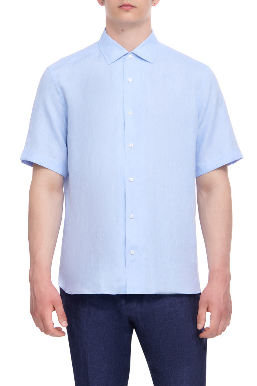 Рубашка из чистого льна|Основной цвет:Голубой|Артикул:UBX31A5-SCO3-16G | Фото 1