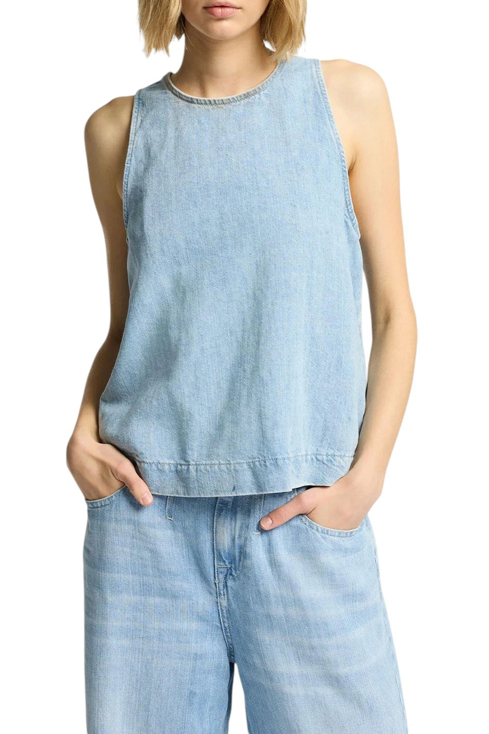 Женский 7 for all Mankind Топ джинсовый из хлопка и льна (цвет ), артикул 7U018U03 | Фото 3