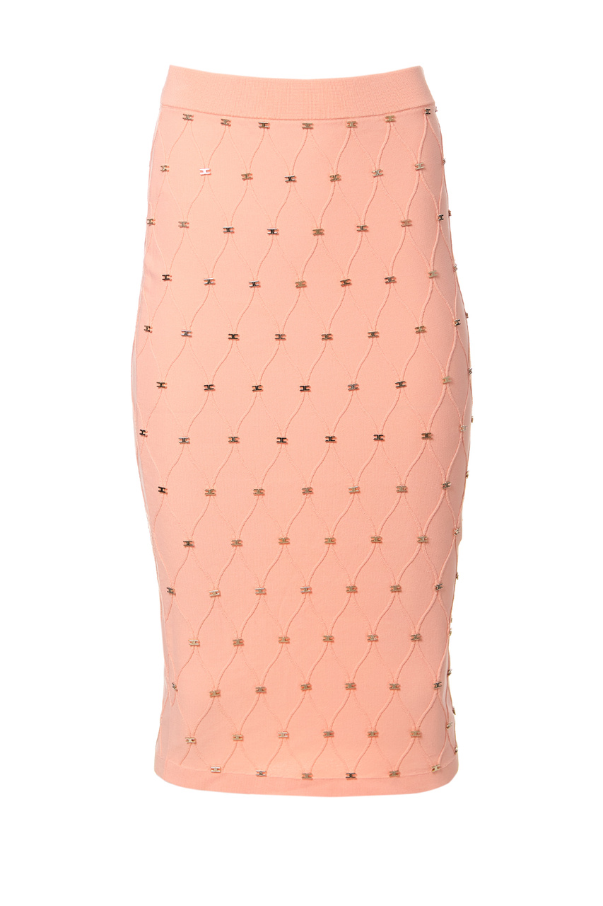 Трикотажная юбка-карандаш с ромбовидным узором|Основной цвет:Коралловый|Артикул:GK46B21E2 | Фото 1