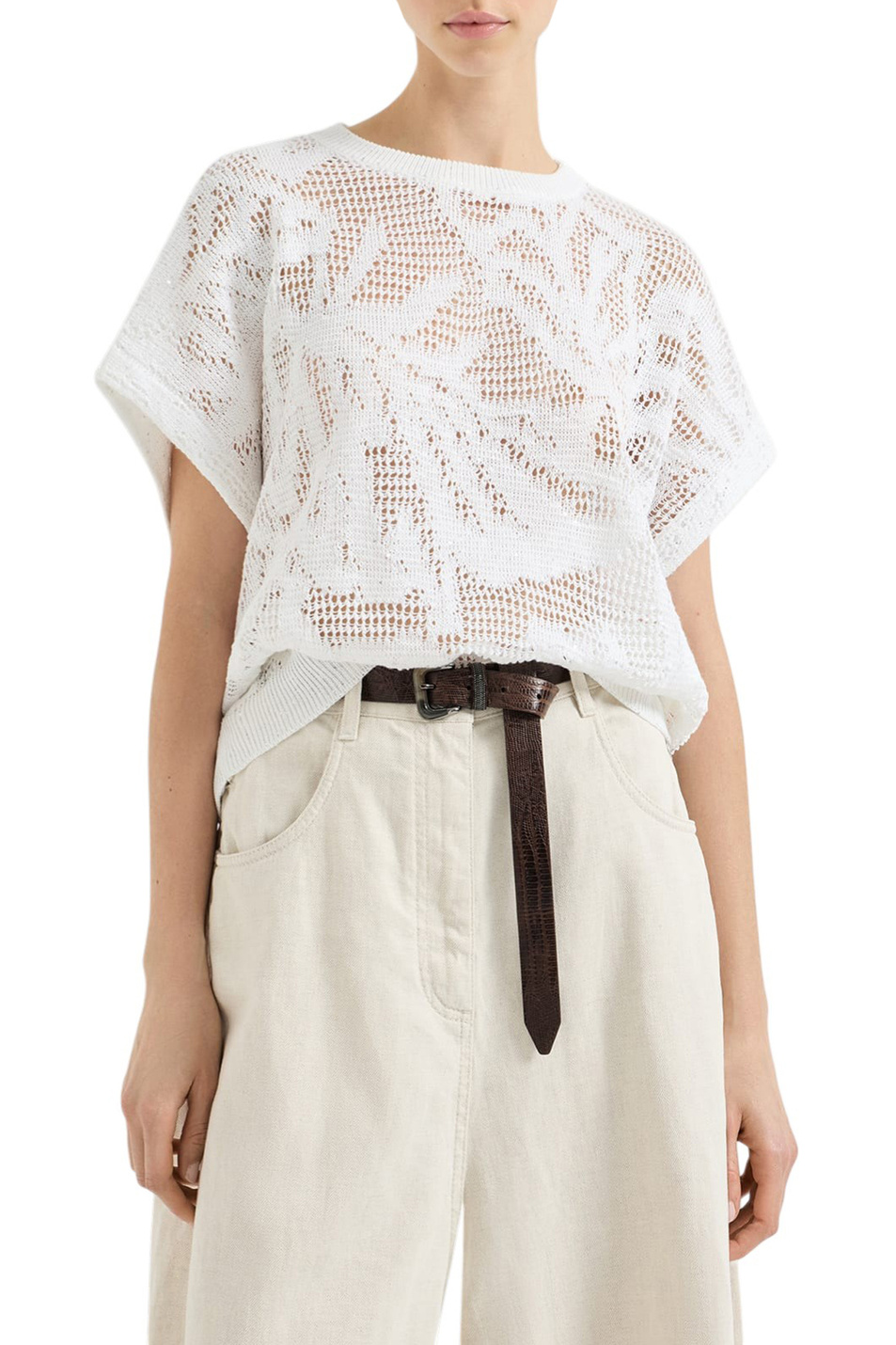 Джемпер из льна и хлопка|Основной цвет:Белый Женский Brunello Cucinelli Джемпер из льна и хлопка (цвет ), артикул MDT771010 | Фото 3