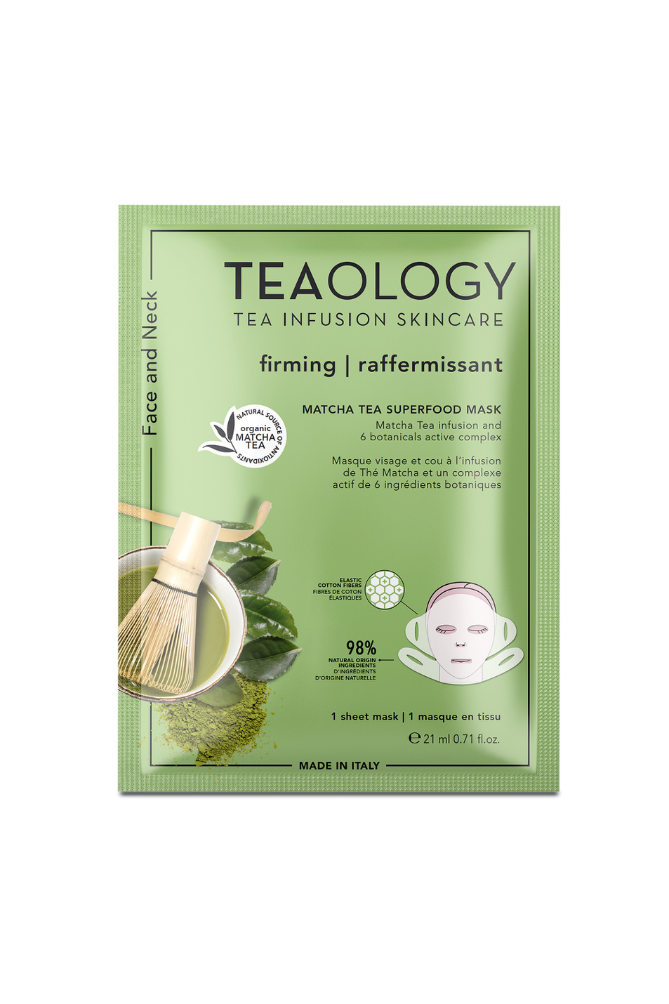 Не имеет пола Teaology Укрепляющая тканевая маска для лица и шеи c настоем чая матча и растительным комплексом Matcha Tea Superfood Mask, 21 мл (цвет ), артикул T50091 | Фото 1