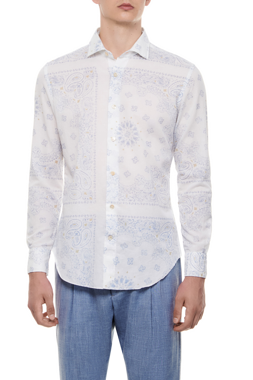 Рубашка из хлопка и льна с принтом|Основной цвет:Голубой|Артикул:I75CAMH11-TES0I256 | Фото 1