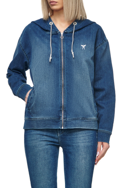 Джинсовая куртка на молнии с капюшоном|Основной цвет:Синий|Артикул:585950500 | Фото 1