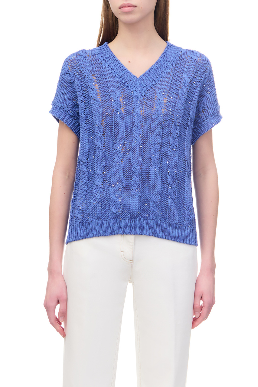 Пуловер из натурального хлопка с пайетками|Основной цвет:Синий|Артикул:S99388F03-A9142 | Фото 1