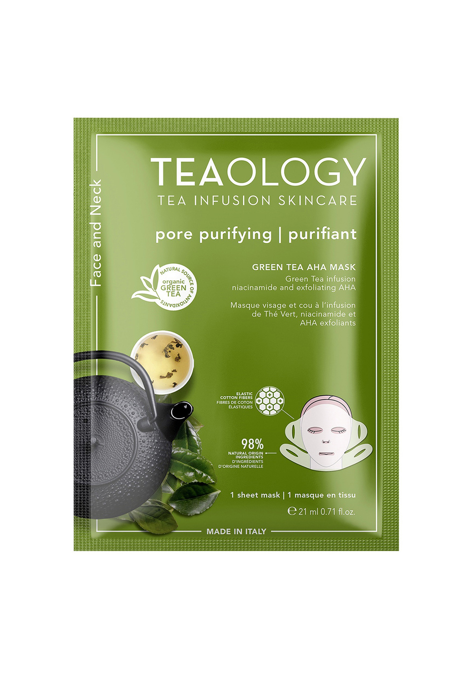 Не имеет пола Teaology Очищаюшая тканевая маска для лица и шеи c настоем зеленого чая, ниацинамидом и АНА - кислотами Green Tea AHA Mask, 21 мл (цвет ), артикул T50093 | Фото 1