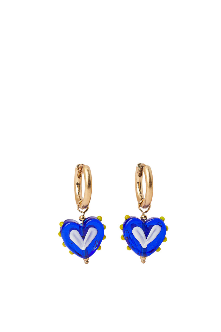 Серьги-кольца с подвеской в виде сердца|Основной цвет:Синий|Артикул:219266 | Фото 1