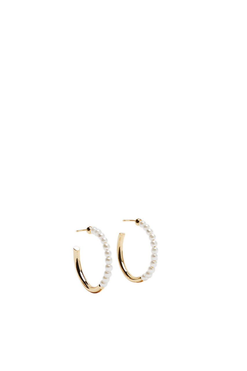 Серьги-кольца с искусственным жемчугом|Основной цвет:Золотой|Артикул:206894 | Фото 1