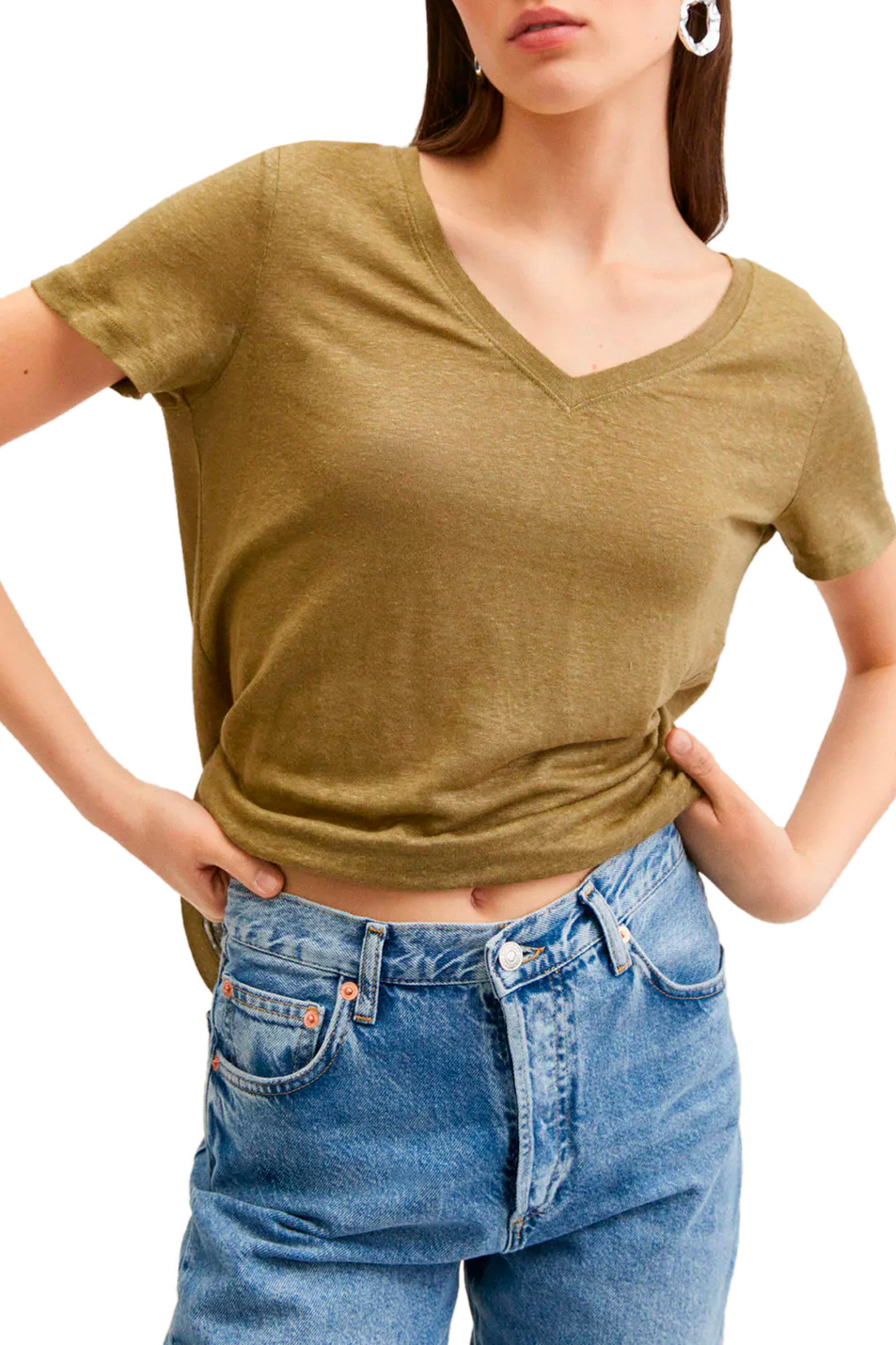 Женский Mango Льняная футболка LINITO с V-образным вырезом (цвет ), артикул 27005801 | Фото 3