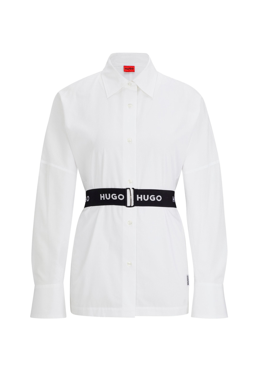 Рубашка  из натурального хлопка с поясом|Основной цвет:Белый|Артикул:50506904 | Фото 1