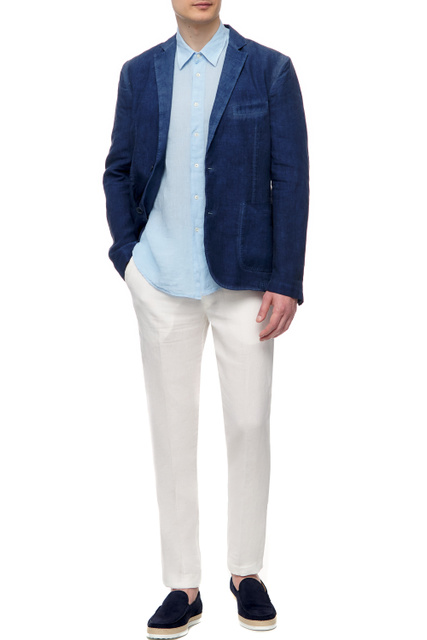 Льняная рубашка с коротким рукавом и нагрудным карманом|Основной цвет:Голубой|Артикул:V0M13680000115000 | Фото 2