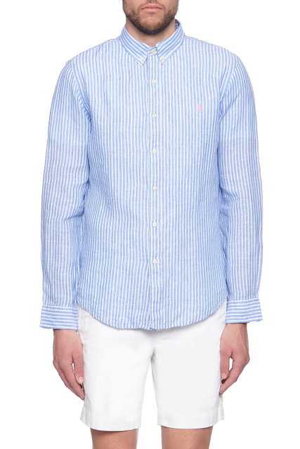 Рубашка из натурального льна с принтом в полоску|Основной цвет:Голубой|Артикул:710829461003 | Фото 1