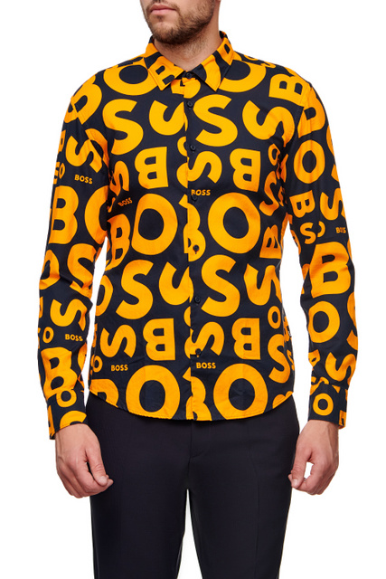 Рубашка из натурального хлопка с логотипированным принтом|Основной цвет:Оранжевый|Артикул:50473837 | Фото 1