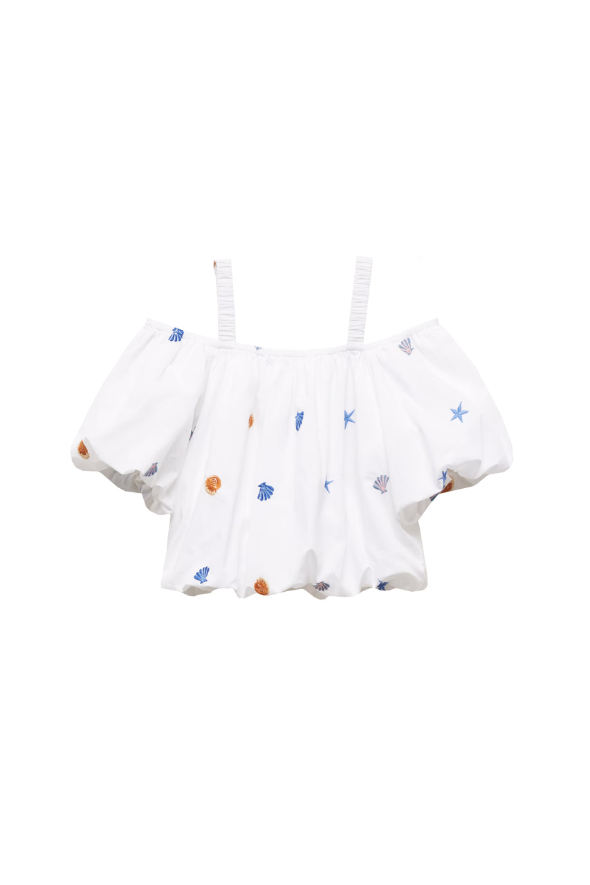 Блузка SHELL с пышными рукавами и принтом|Основной цвет:Белый|Артикул:67046031 | Фото 1