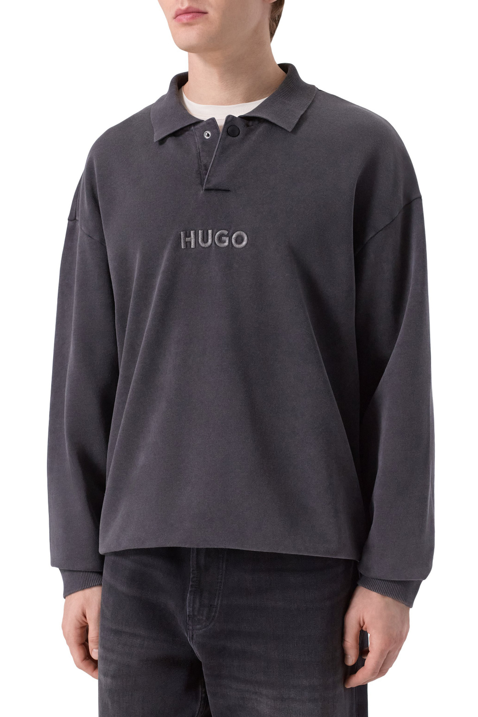 Джемпер поло Delwy с вышитым логотипом|Основной цвет:Серый Мужской HUGO Джемпер поло Delwy с вышитым логотипом (цвет ), артикул 50546395 | Фото 3