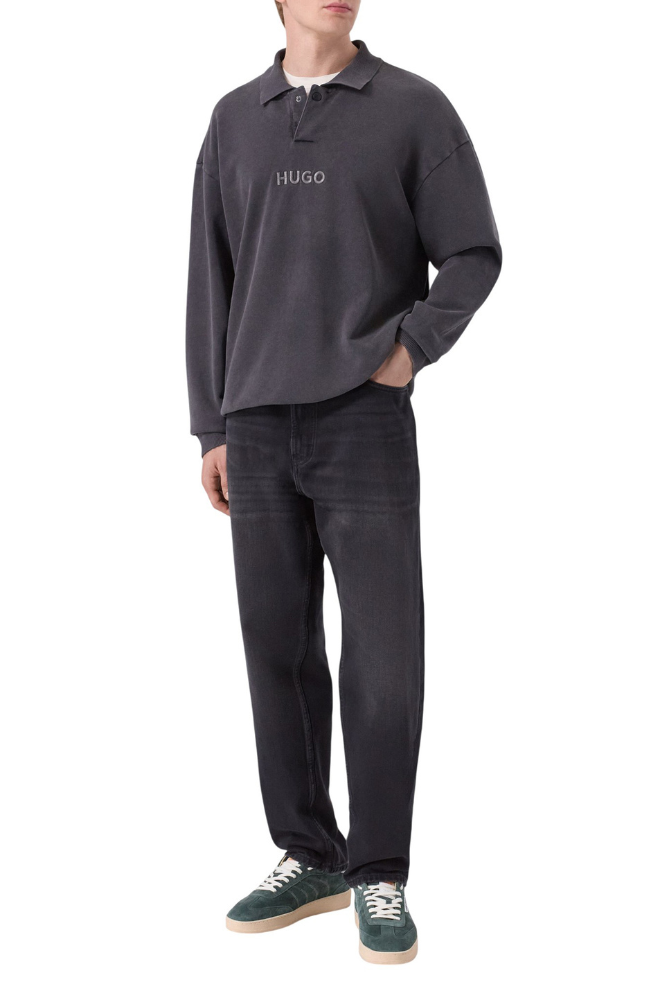 Джемпер поло Delwy с вышитым логотипом|Основной цвет:Серый Мужской HUGO Джемпер поло Delwy с вышитым логотипом (цвет ), артикул 50546395 | Фото 2